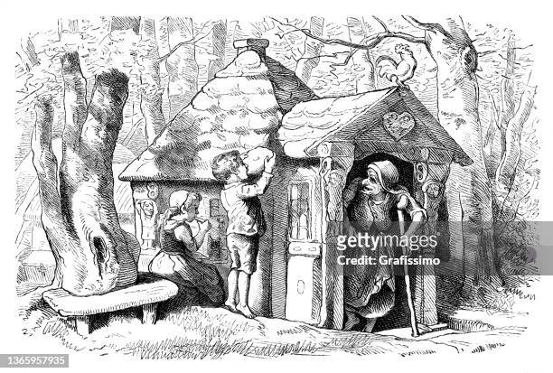 stockillustraties, clipart, cartoons en iconen met fairy tale hansel and gretel eating from gingerbread house drawing 1869 - hänsel and gretel