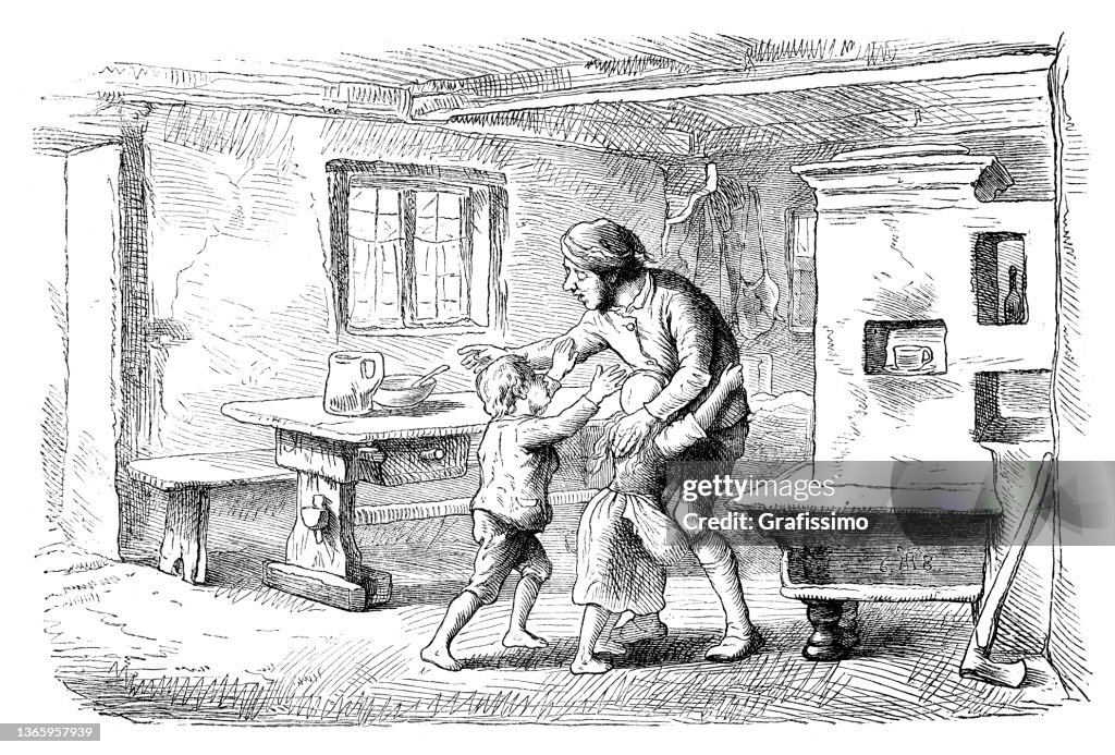 Fairy tale Hansel and Gretel returning back home to father drawing 1869