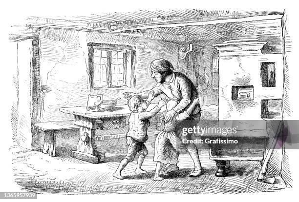 fairy tale hansel and gretel returning back home to father drawing 1869 - hänsel and gretel stock illustrations