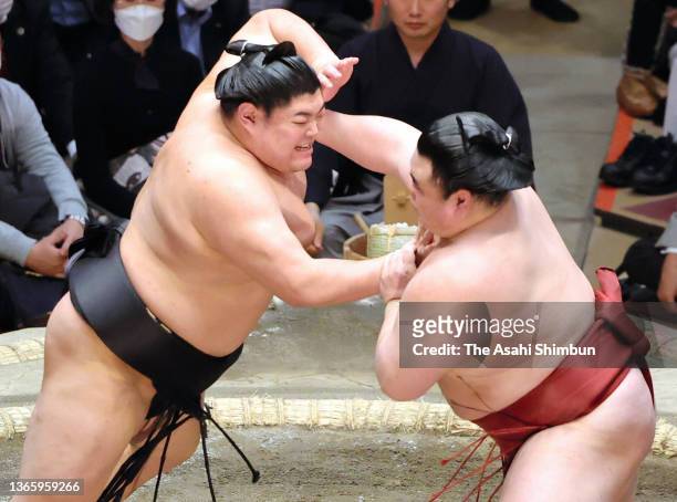Abi and sekiwake Takanosho compete on day twelve of the Grand Sumo New Year Tournament at Ryogoku Kokugikan on January 20, 2022 in Tokyo, Japan.