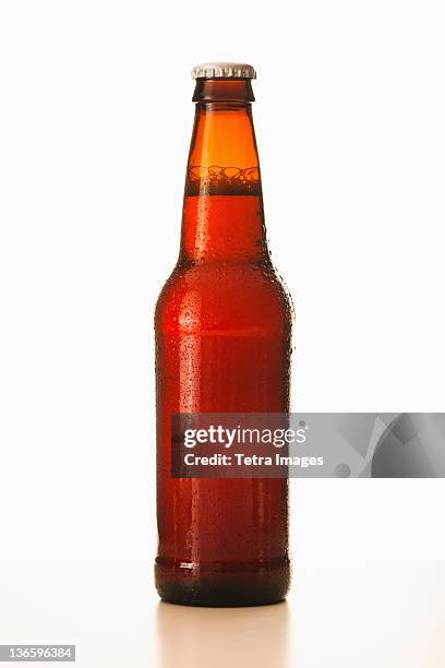 studio shot of beer bottle - bierflaschen stock-fotos und bilder