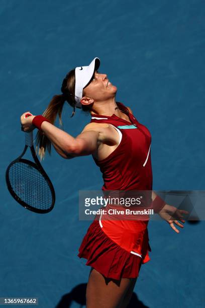 Paula Badosa of Spain serves in her third round singles match against Marta Kostyuk of Ukraine during day five of the 2022 Australian Open at...