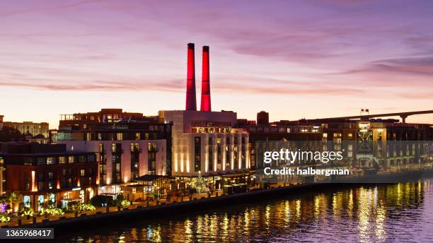 historic waterfront in savannah at dusk - aerial - georgia us state stock pictures, royalty-free photos & images