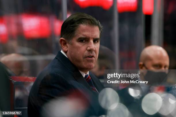 Washington Capitals head coach Peter Laviolette address his players during a game against the Winnipeg Jets at Capital One Arena on January 18, 2022...