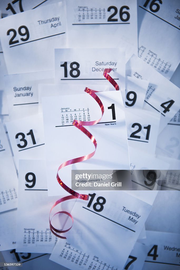 Calendar cards and red ribbon