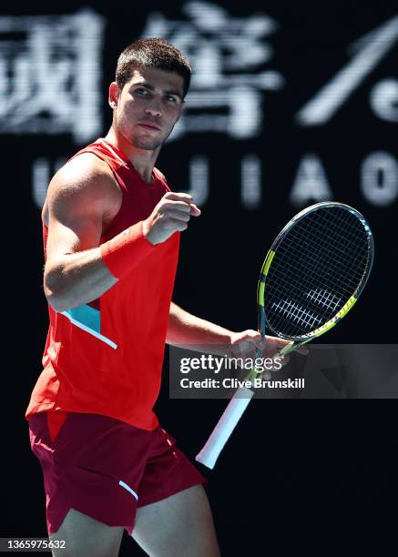 Carlos Alcaraz of Spain celebrates after winning a point in his third round singles match against Matteo Berrettini of Italy during day five of the...