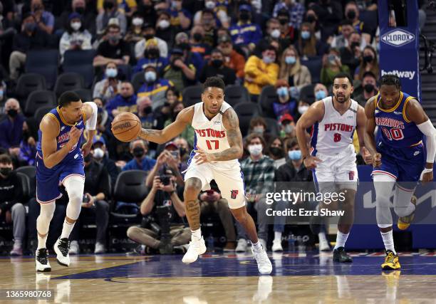 Rodney McGruder of the Detroit Pistons in action against the Golden State Warriors at Chase Center on January 18, 2022 in San Francisco, California....