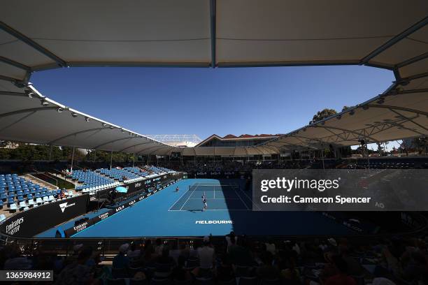 Pablo Carreno Busta of Spain serves in his third round singles match against Sebastian Korda of United States on Court 3 during day five of the 2022...