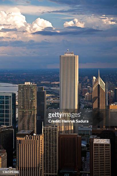 usa, illinois, chicago, aon center, aqua building and prudential building in downtown district - aon center chicago stock pictures, royalty-free photos & images