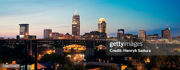 usa, ohio, cleveland, often called city of bridges, at dusk - cleveland skyline stock pictures, royalty-free photos & images