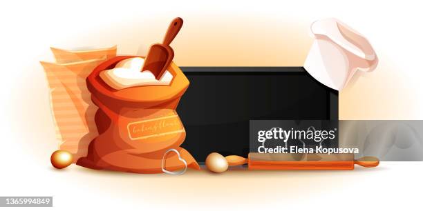 bakery concept. a bag of flour, a wooden rolling pin, a baking sheet and a baker's hat in cartoon style on a neutral pastel background. graphic vector illustration in eps 10 format. - bread baking paper stock illustrations