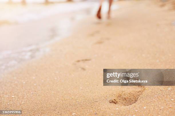 footprints in the sand at the beach - beach footprints stock pictures, royalty-free photos & images