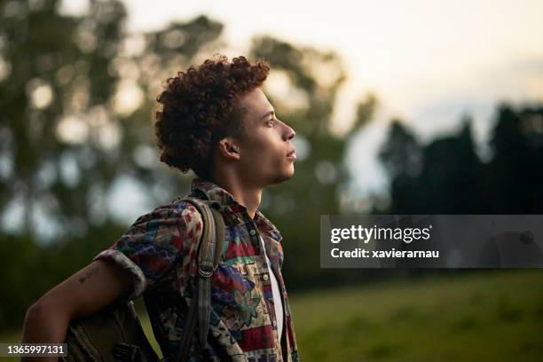 retrato de um homem afro-americano de 20 anos ao ar livre ao anoitecer - introspecção - fotografias e filmes do acervo