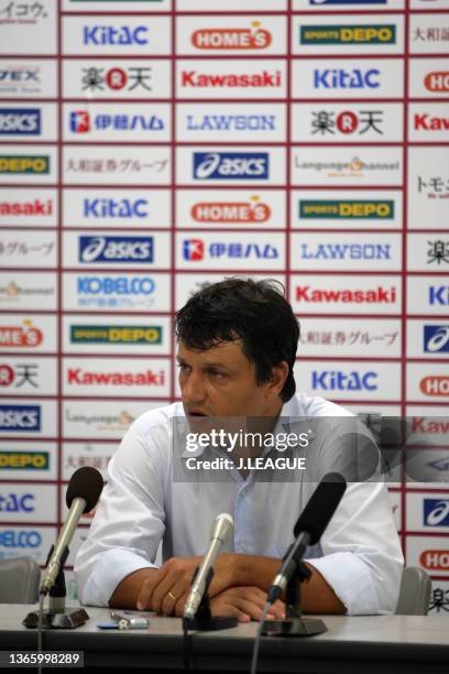 Head coach Adilson Batista of Jubilo Iwata attends a press conference after the J.League J1 match between Vissel Kobe and Jubilo Iwata at Home's...