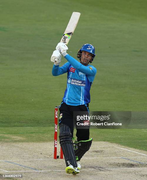 Alex Carey of the Strikers bats during the Men's Big Bash League The Eliminator Final match between the Adelaide Strikers and the Hobart Hurricanes...