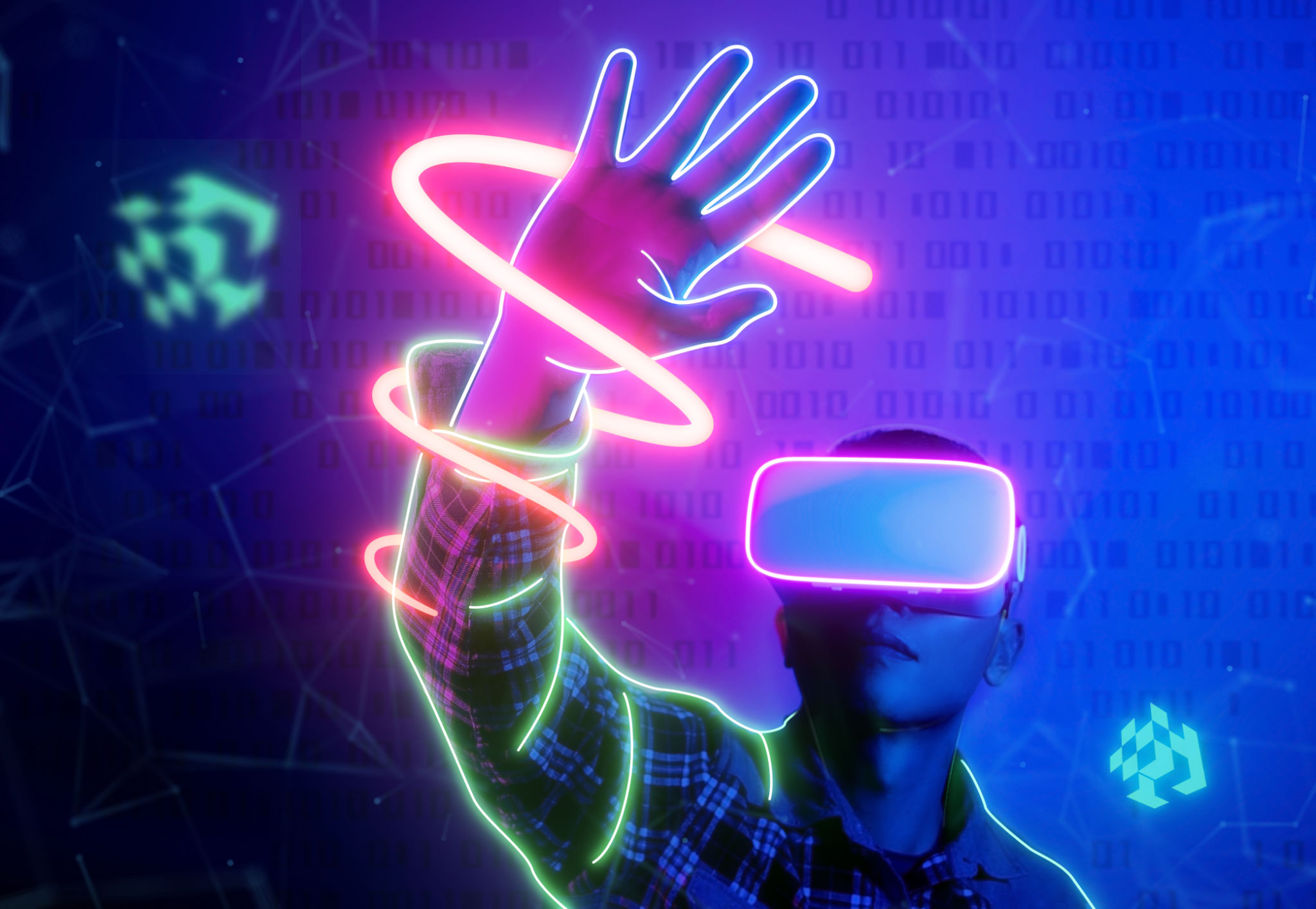 Hombre con auriculares de realidad virtual o anteojos vr, concepto de tecnología futura. Hombre con auriculares de realidad virtual o anteojos vr, concepto de tecnología futura.