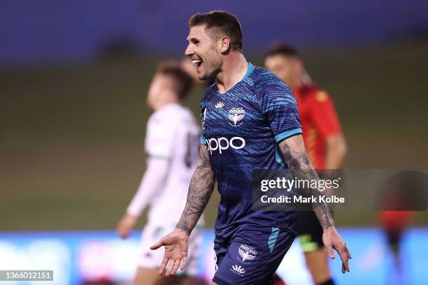 Gary Hooper of the Phoenix celebrates scoring a goal during the round 11 A-League Men's match between the Wellington Phoenix and Western United at...