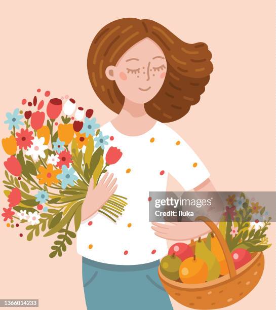 illustrations, cliparts, dessins animés et icônes de jeune femme tenant un bouquet de fleurs et une corbeille de fruits - jardin soleil