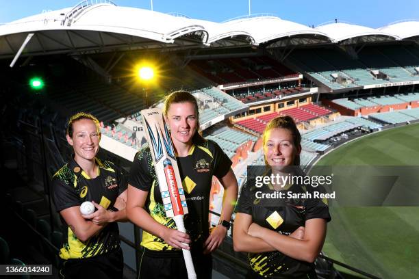 Megan Schutt, Tahlia McGrath and Darcie Brown pose during a media opportunity ahead of the 2022 Women's Ashes series at Adelaide Oval on January 19,...