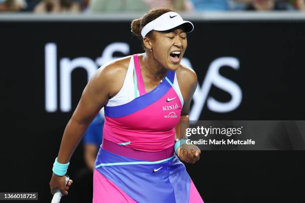 Naomi Osaka of Japan celebrates after winning a point in her third round singles match against Amanda Anisimova of United States during day five of...