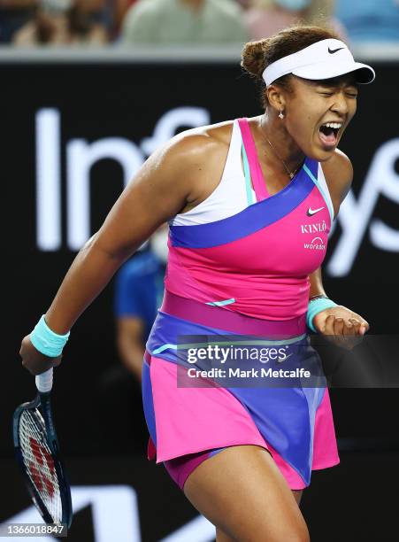 Naomi Osaka of Japan celebrates after winning a point in her third round singles match against Amanda Anisimova of United States during day five of...
