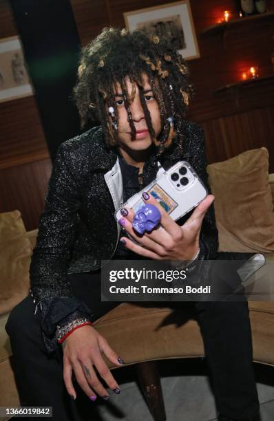 Iann dior, with PopSockets, attends the iann dior ON TO BETTER THINGS Album Release Party at Delilah on January 20, 2022 in West Hollywood,...