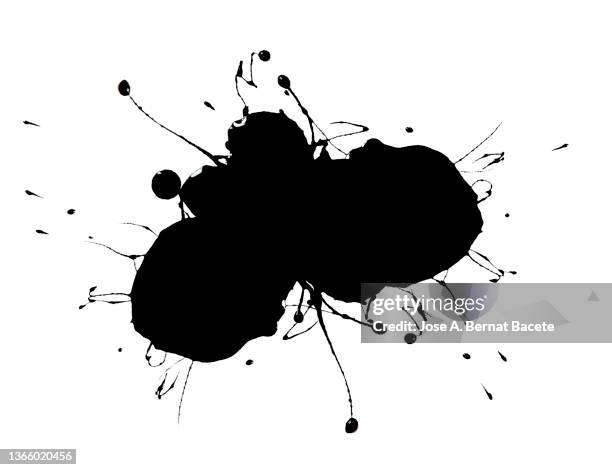 splashes of a drop of black paint on a white canvas. - black watercolor stockfoto's en -beelden