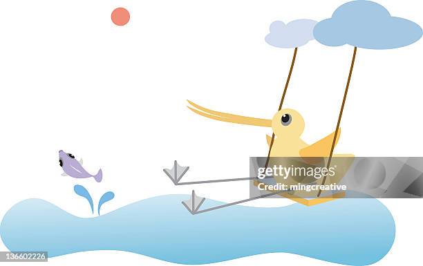 stockillustraties, clipart, cartoons en iconen met playful long-billed bird swing and chase fish - steltkluut