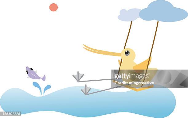 playful long-billed bird swing and chase fish - willet stock illustrations