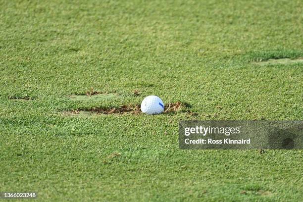 Detailed view of a ball in a divot on the sixteenth fairway during the Second Round of the Abu Dhabi HSBC Championship at Yas Links Golf Course on...