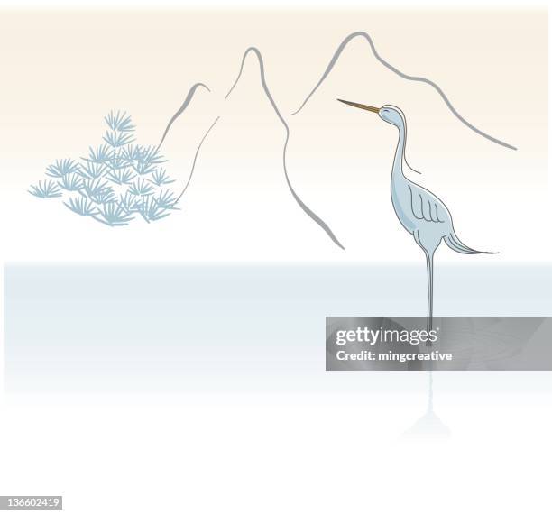 blue heron by the water - bonsai pine tree stock illustrations
