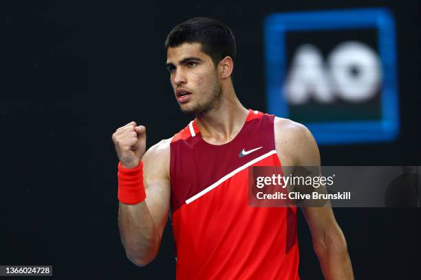 Carlos Alcaraz of Spain celebrates after winning a point in his third round singles match against Matteo Berrettini of Italy during day five of the...