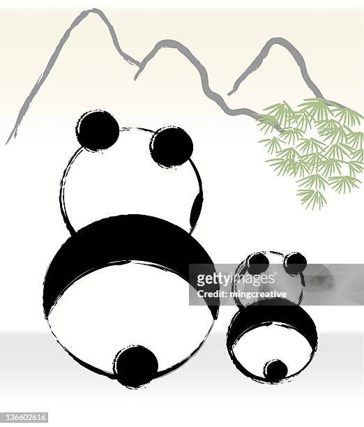 panda mom is parenting with her child - panda animal stock illustrations