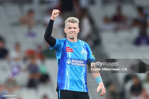 Peter Siddle of the Strikers celebrates after dismissing Tim David of the Hurricane bats during the Men's Big Bash League The Eliminator Final match...