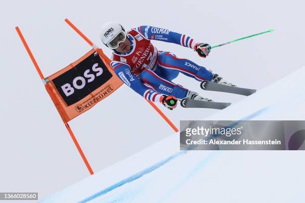Johan Clarey of France competes at the Audi FIS Alpine Ski World Cup Men's Downhill Hahnenkamm Rennen at Streif on January 21, 2022 in Kitzbuehel,...
