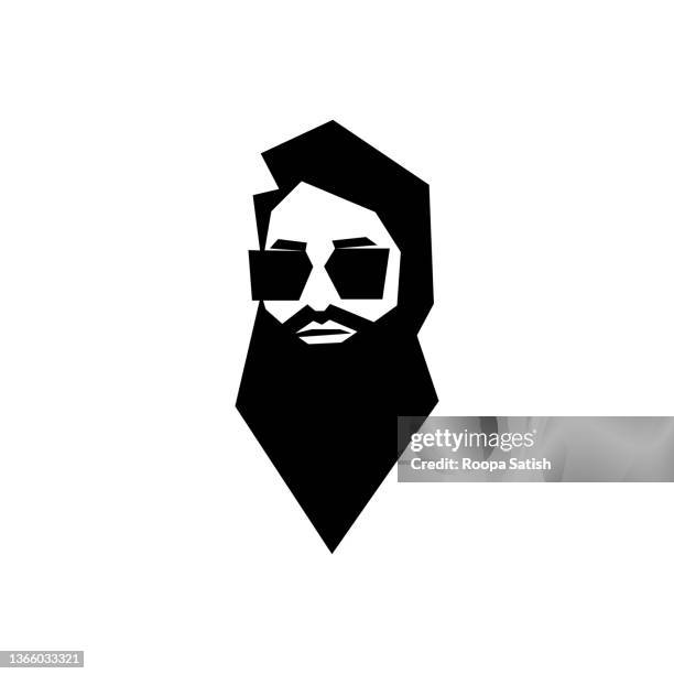 black and white portrait of a long-bearded man with sunglasses. - 45 49 years stock illustrations