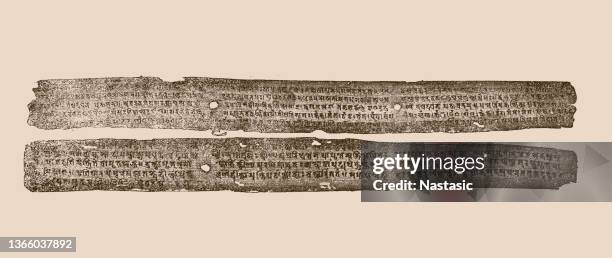 facsimile of two pages of one of the oldest indian palm leaf manuscripts, from the years 857/58 ad. - sanskrit language stock illustrations