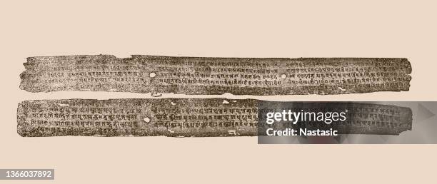 facsimile of two pages of one of the oldest indian palm leaf manuscripts, from the years 857/58 ad. - ancient book stock illustrations