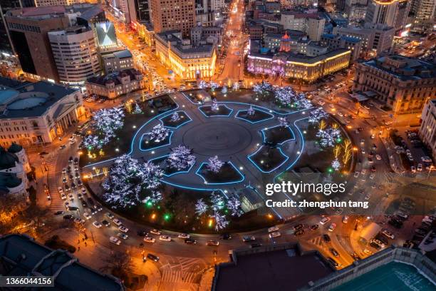 traffic circle with ten lines beautiful direction at night. - shenyang imagens e fotografias de stock