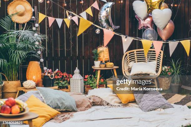 beautiful served picnic at backyard. - picnic blanket stockfoto's en -beelden