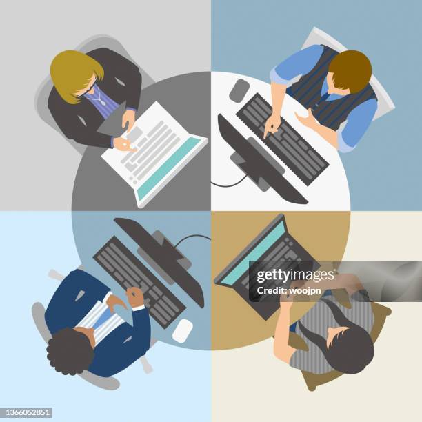 stockillustraties, clipart, cartoons en iconen met high angle view of business team having online meeting or video conference - staff meeting