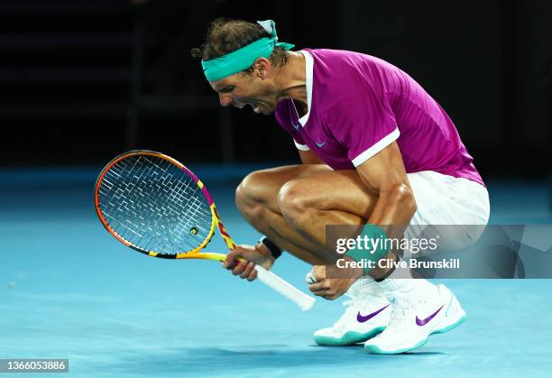 Rafael Nadal of Spain celebrates a point during his third round singles match against Karen Khachanov of Russia during day five of the 2022...