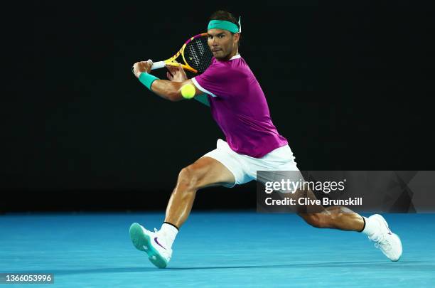 Rafael Nadal of Spain plays a backhand during his third round singles match against Karen Khachanov of Russia during day five of the 2022 Australian...