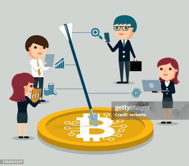 target - bitcoin - man checking computer stock illustrations