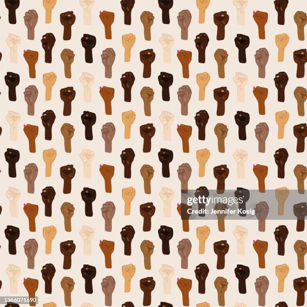 ilustraciones, imágenes clip art, dibujos animados e iconos de stock de patrón sin fisuras de manos que protestan - potenciación del negro