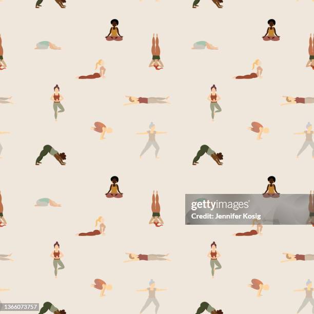 illustrations, cliparts, dessins animés et icônes de modèle de yoga illustré sans couture avec des personnes mixtes pratiquant des poses de yoga - étirement