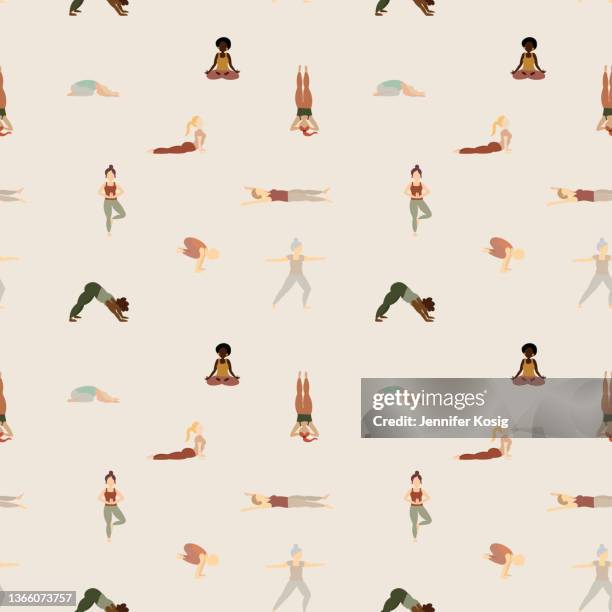 seamless illustrated yoga pattern with mixed people practicing yoga poses - upright position stock illustrations