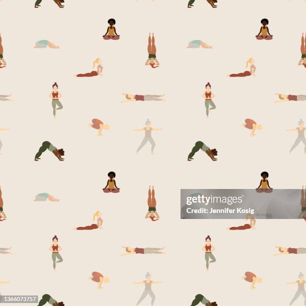 seamless illustrated yoga pattern with mixed people practicing yoga poses - yoga stock illustrations