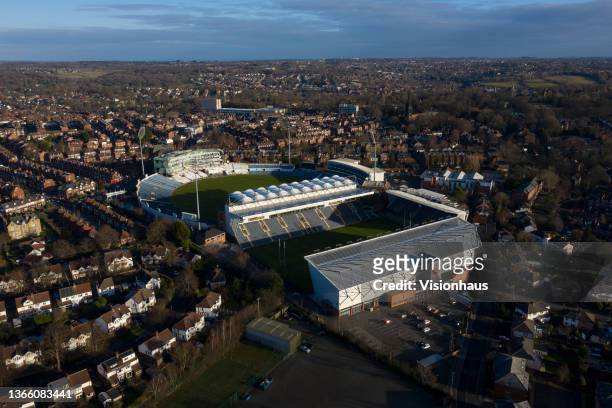 In sn aerial view, the cricket ground and rugby stadium at the Headingley Stadium complex, home of Yorkshire County Cricket Club and Leeds Rhinos...