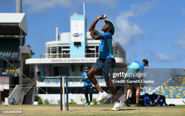 Jofra Archer of England bowls during a nets session at Kensington Oval on January 21, 2022 in Bridgetown, Barbados.